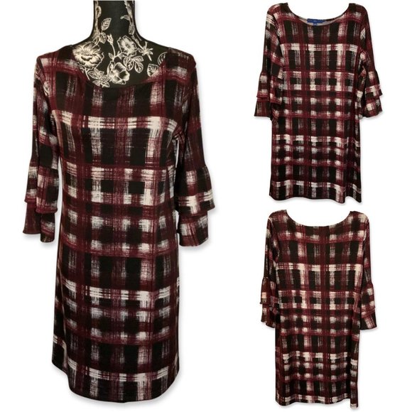 Apt. 9 Dresses & Skirts - Apt.9 3/4 Ruffle Sleeve Crew Neck Midi Dress Plaid Graphic Women S Red